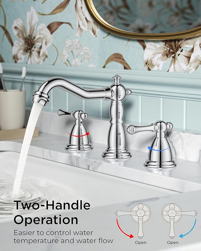 FORIOUS Bathroom Sink Faucet 3 Holes, 2 Handle Faucet for Bathroom Sink with Pop-Up Drain and Water Supplies for Commercial, Vanity, Lavatory, Restroom, Farmhouse (Chrome)