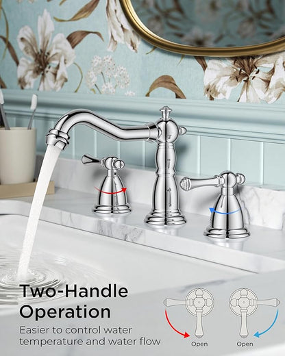 FORIOUS Bathroom Sink Faucet 3 Holes, 2 Handle Faucet for Bathroom Sink with Pop-Up Drain and Water Supplies for Commercial, Vanity, Lavatory, Restroom, Farmhouse (Chrome)