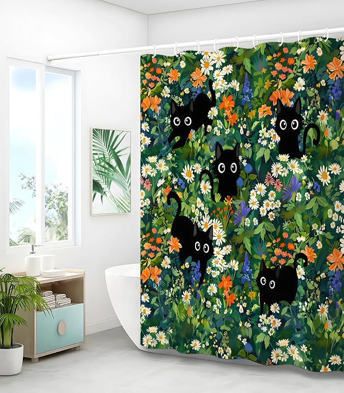 Shower Curtain for Bathroom Stall Boho Modern Cute Aesthetic Decorative Girly Waterproof Unique Cats Flowers Girls Chic Print Design Teen Pretty Women Cortinas de Baño Bathtub 72 x72 Inch