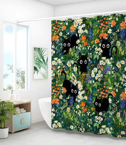 Shower Curtain for Bathroom Stall Boho Modern Cute Aesthetic Decorative Girly Waterproof Unique Cats Flowers Girls Chic Print Design Teen Pretty Women Cortinas de Baño Bathtub 72 x72 Inch