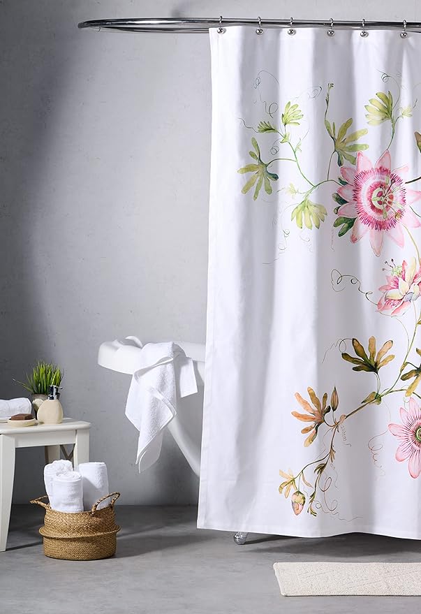 Maison d' Hermine Shower Curtain 100% Cotton One Panel 70"x72" Washable Fabric Shower Curtains for Bathroom, Easy Hanging with 12 Button Holes - Home Hotel Spa Easter Gifts (Passion - White)