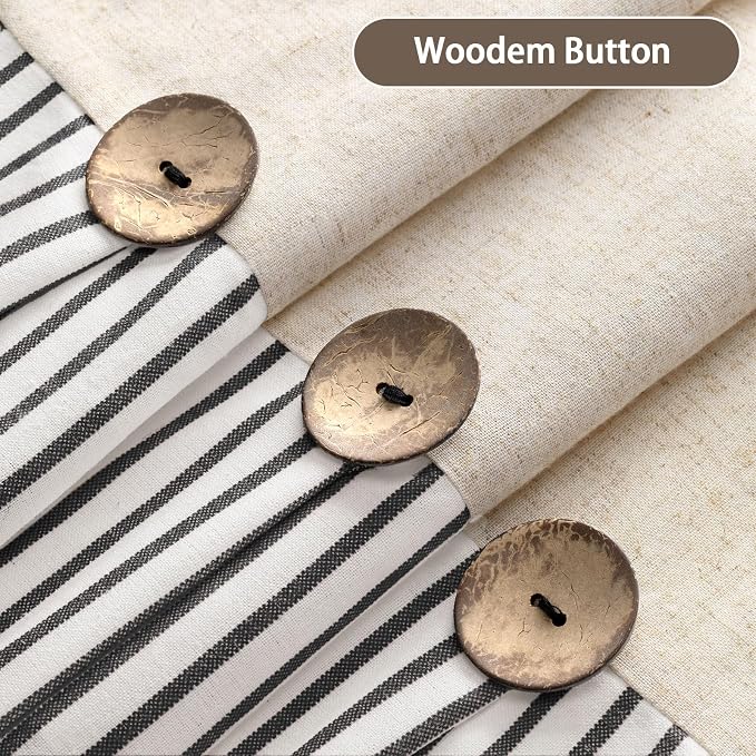Farmhouse Shower Curtain Linen Button Black Stripe 72" W x 72" L | Farmhouse Style, Chic Button, Striped, Linen Fabric, Rustic, Country, Natural Look, Washable, for Bathroom Bathtub