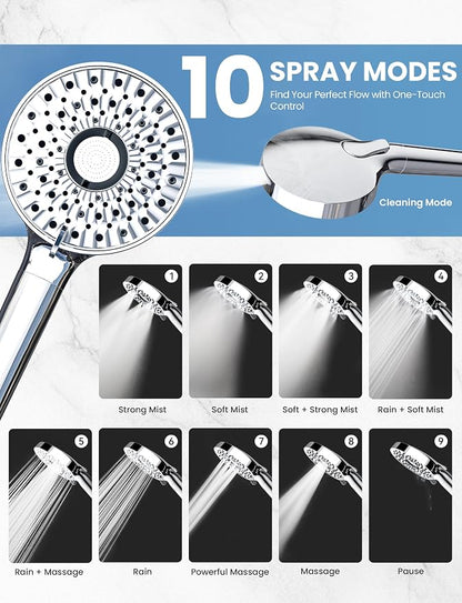 Magichome Filtered Shower Head Handheld Mother-Child Large Arm Combo, High Pressure 10-Spd Detachable Chrome Showerhead w/Stainless Hose, Water Softener Beads Hard Water - Remove Chlorine, Sliver