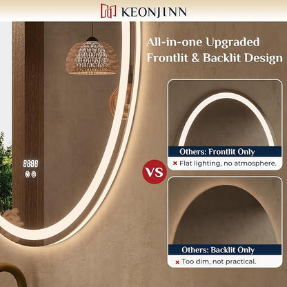 Keonjinn 24" x 36" Oval LED Bathroom Mirror with Frontlit and Backlit | HD Tempered Glass, 3 Colors Temperatures, Fast Defogging, Memory Function, Stepless Dimmable, Easy Install, Plug in/Hardwired