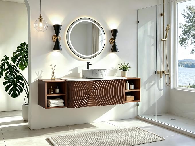 60" Floating Bathroom Vanity with Sink, Mid-Century Wall Mounted Bathroom Vanity Cabinet with Wood Waved Decor,Marble Ceramic Basin and Sintered Stone Top, Soft Close Drawer, 2 Side Open Cube