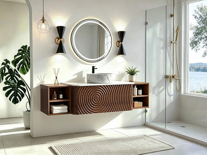 60" Floating Bathroom Vanity with Sink, Mid-Century Wall Mounted Bathroom Vanity Cabinet with Wood Waved Decor,Marble Ceramic Basin and Sintered Stone Top, Soft Close Drawer, 2 Side Open Cube