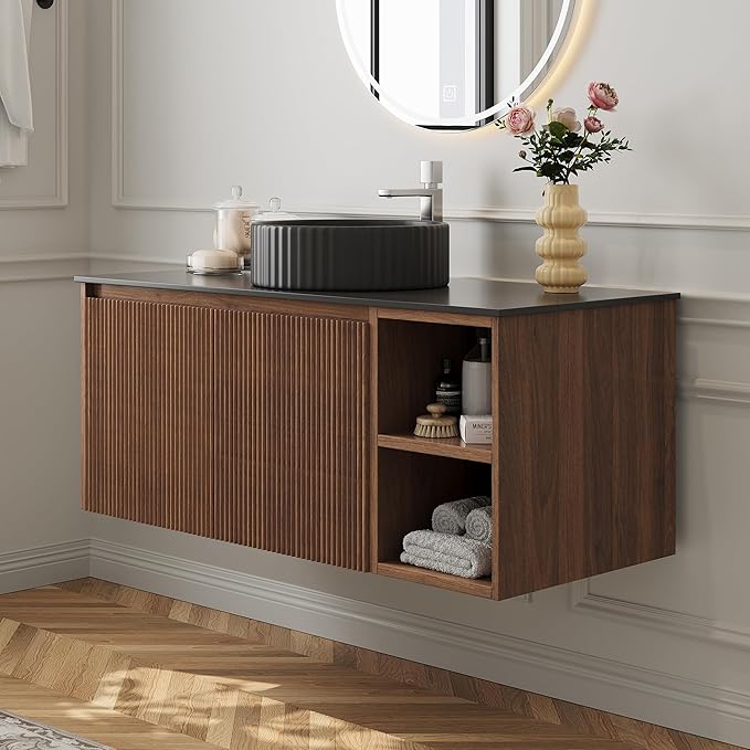 36" Modern Floating Bathroom Vanity with Single Sink - Wall Mounted Storage Bathroom Cabinet with Black Sintered Stone Countertop| Large Storage Space & Open Shelves, Dark Wood