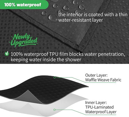 No Hook Waffle Shower Curtain, No Liner Needed Separate, 71x77 Inch, Black | 100% waterproof TPU-laminated backing, magnetic weighted hem, machine washable, shower curtain set for bathroom or hotel use