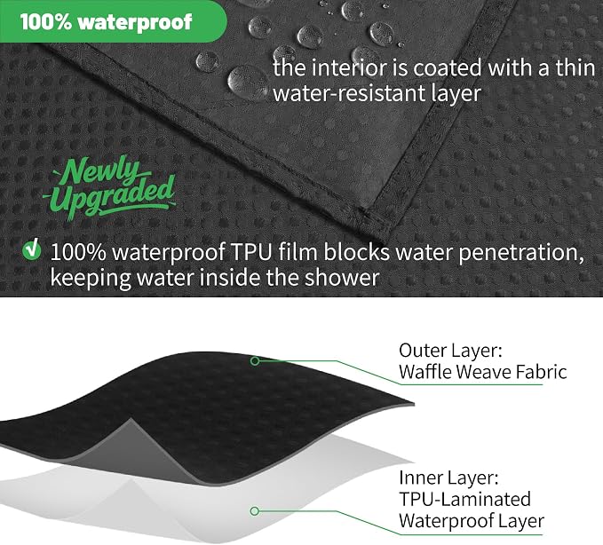 No Hook Waffle Shower Curtain, No Liner Needed Separate, 71x74 Inch, Black | 100% waterproof TPU-laminated backing, magnetic weighted hem, machine washable, shower curtain set for bathroom or hotel use