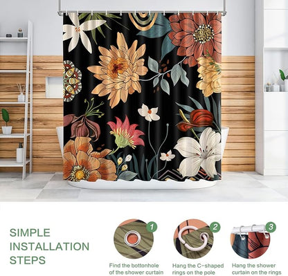Shower Curtain Boho Floral, Tropical Summer shower curtain Mid-Century Abstract Boho Flowers Chic Shower Curtain Set Waterproof Polyester Fabric Machine Washable Home Farmhouse Decor Bath Curtains