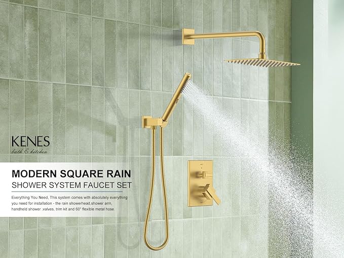 KENES Brushed Gold Square Rainfall Shower System Faucet Set with Handheld | Shower Faucet with 10-Inch Rain Shower Head, Square Shower System, Valve Included, Lead-Free cUPC & NSF Certified, Stainless