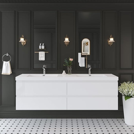 Floating Bathroom Vanity with Double Sinks, 72" Wall-Mounted Bathroom Storage Vanity Cabinet with Resin Top Basin and Soft Close Drawers, No Assembly Required, Glossy White