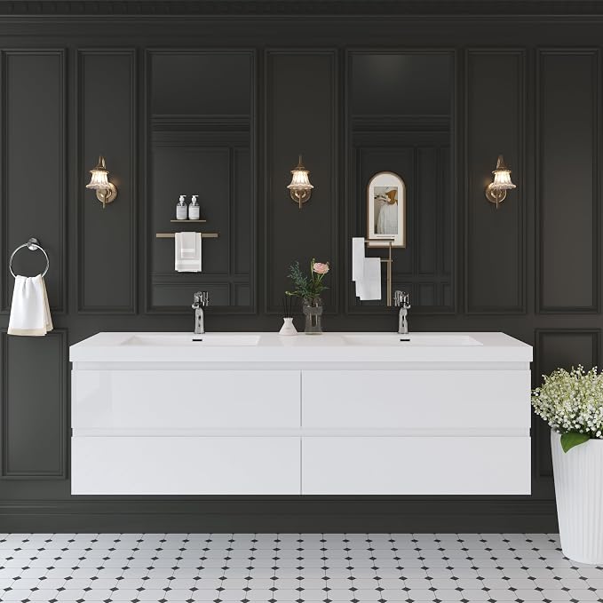 Floating Bathroom Vanity with Double Sinks, 72" Wall-Mounted Bathroom Storage Vanity Cabinet with Resin Top Basin and Soft Close Drawers, No Assembly Required, Glossy White