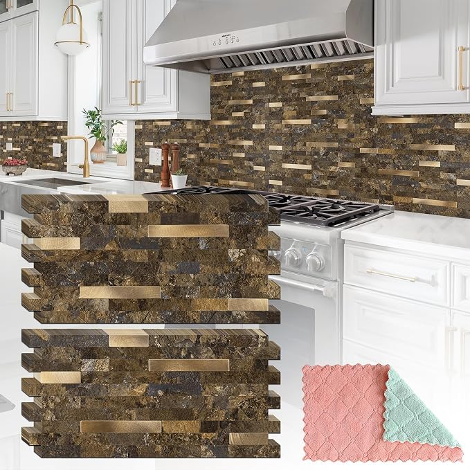 StyloVue 20 Sheets Peel and Stick Backsplash for Kitchen, Rust Slate with Metal Gold Look Stick on Tile Upgrade Your Kitchen Backsplash, RV, Fireplace