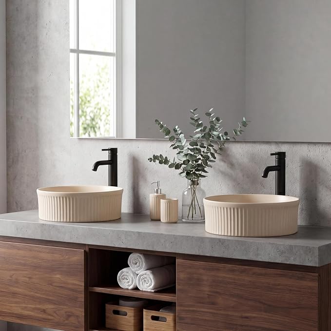 JONATHAN Y Element 14.75" Round Fluted Vessel Sink, Matte Beige | Ceramic, Above Counter Vanity Basin, 5.25" Height, 1.75" Drain Hole, Stain Resistant Glaze, Modern Minimalist Style
