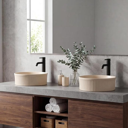 JONATHAN Y Element 14.75" Round Fluted Vessel Sink, Matte Beige | Ceramic, Above Counter Vanity Basin, 5.25" Height, 1.75" Drain Hole, Stain Resistant Glaze, Modern Minimalist Style