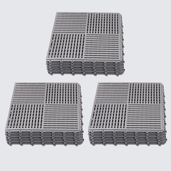 18 Pack Modular Interlocking Tiles Double Non-Slip 12"x12" Gray | 0.4" Thick with Drain Holes for Pool Deck Shower Garage Basement Boat Pet Area Wet Floors Easy Install