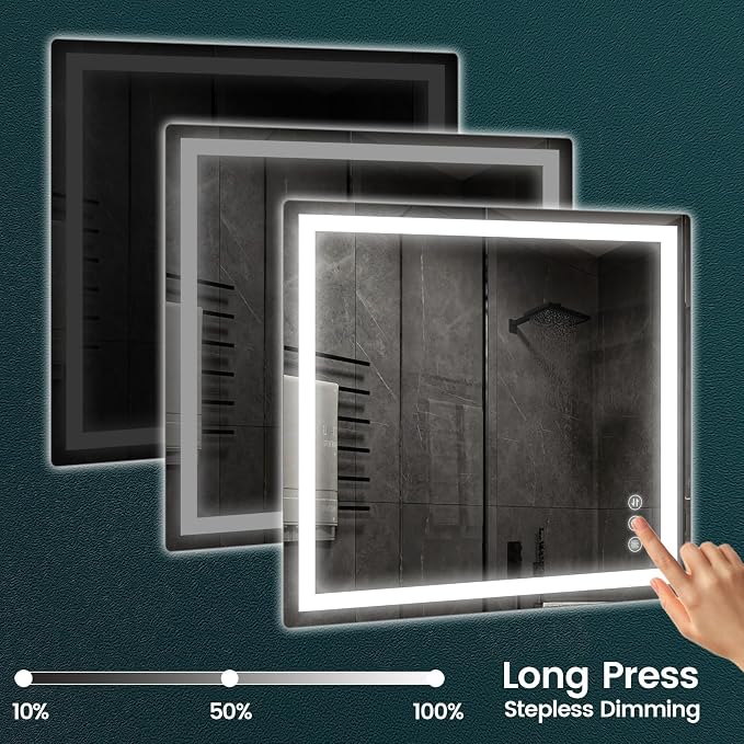 30" x 36" LED Bathroom Mirror with Lights, Memory Vanity Mirror | Anti-Fog, 3 Color Modes, Dimmable, Front Lit, Memory Function, Tempered Glass, Lighted Bathroom Mirror for Wall
