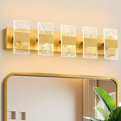 Modern LED Bathroom Light Fixtures Dimmable 5-Light Gold Vanity Light, 5CCT Adjustable Lighting Fixture Vanity Lights Over Mirror, Smoked Acrylic LED Vanity Lights for Bathroom