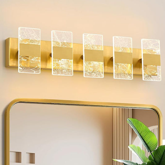 Modern LED Bathroom Light Fixtures Dimmable 5-Light Gold Vanity Light, 5CCT Adjustable Lighting Fixture Vanity Lights Over Mirror, Smoked Acrylic LED Vanity Lights for Bathroom