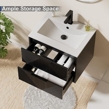 LUCKWIND 24" Floating Bathroom Vanity with Sink Combo, Wall Mounted Floating Cabinet with 2 Large Soft-Close Drawers & Water Saving Faucet, Geometric Textured Design in Black