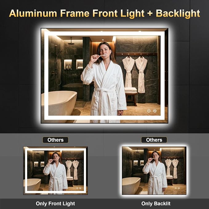 LED Bathroom Mirror with Light, 30x50 Vanity Mirror for Wall with Frame | Anti-Fog, Dimmable 3 Colors, Memory Function, Backlit and Front Lit, Shatter-Proof Glass, Plug-in/Hardwired