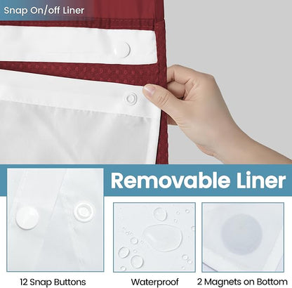 EUTXL Heavyweight Burgundy No Hook Shower Curtain with Snap in Liner,256GSM Waffle Weave Shower Curtains for Bathroom,71W x 74H
