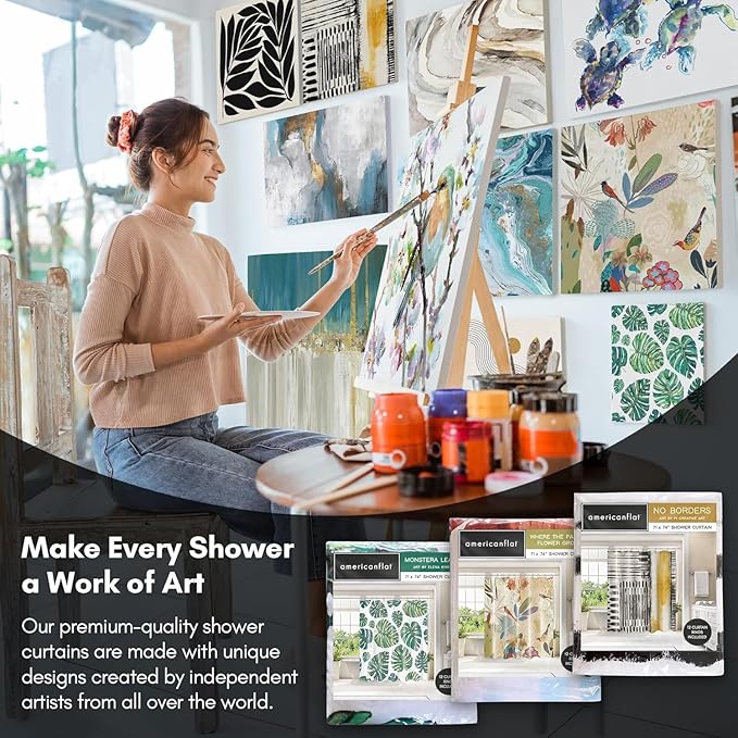 Americanflat 71x74 Botanical Shower Curtain - Water-Resistant Long Shower Curtain with Durable Metal Grommets and 12 Hooks - 100% Polyester - Black and Ivory