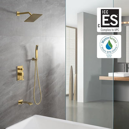 SUMERAIN Shower Faucet System with Waterfall Tub Spout, Brushed Gold | 8" Rain Shower Head, Brass Handheld Shower Head, Anti-scald Pressure-Balanced Valve, Including Rough-In Valve