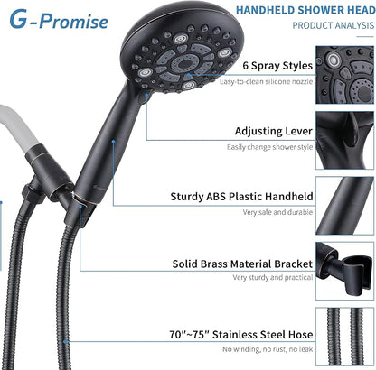G-Promise High Pressure 6 Mode Hand Held Shower Head with Extra Long Hose | High Pressure, 6 Spray Mode, Easy Install, Adjustable Angle, Extra Long Hose, Modern Upgrade