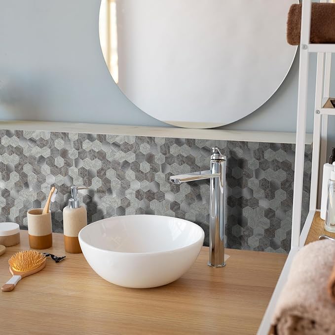 12 Sheets Peel and Stick Backsplash Tile, Hexagon Gray Stone Rock Mixed Brushed Metal Stick on Backsplash, Honeycomb Self Adhesive Mosaic Wall Tiles for Kitchen Bathroom (11.3" x 5.7")