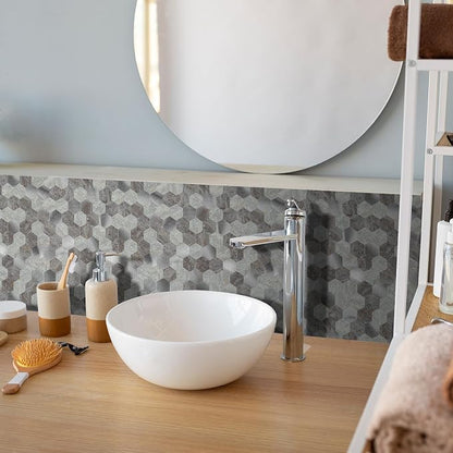 12 Sheets Peel and Stick Backsplash Tile, Hexagon Gray Stone Rock Mixed Brushed Metal Stick on Backsplash, Honeycomb Self Adhesive Mosaic Wall Tiles for Kitchen Bathroom (11.3" x 5.7")