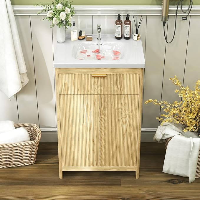 24" Modern Bathroom Vanity with Ceramic Sink, 2 Doors & 1 Drawer, Wooden Storage Cabinet, Actual 23.6" L x 18.5" W x 35.4" H
