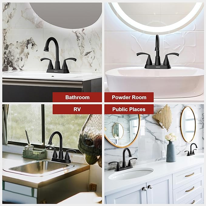 Bathroom Faucets for Sink 3 Hole 4 Inch 2 Handle Centerset Faucet for Sink Vanity Pop-up Drain Stopper and Supply Hoses（Matte Black）