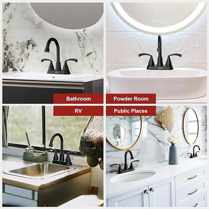Bathroom Faucets for Sink 3 Hole 4 Inch 2 Handle Centerset Faucet for Sink Vanity Pop-up Drain Stopper and Supply Hoses（Matte Black）