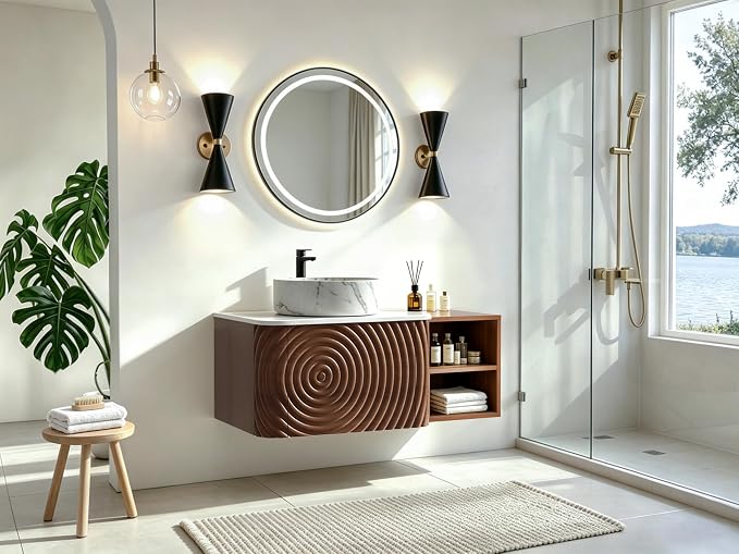 36" Floating Bathroom Vanity with Sink, Mid-Century Wall Mounted Bathroom Vanity Cabinet with Wood Waved Decor,Marble Ceramic Basin and Sintered Stone Top, Soft Close Drawer, Side Open Cube