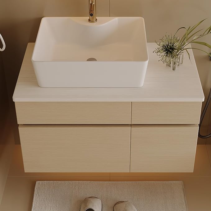 31.5" Floating Bathroom Vanity with Sink and Drawer, Soft Closing, Solid Wood Mid Century Modern Single Bathroom Vanity Cabinet with Storage, Wall Mounted (Natural Wood)