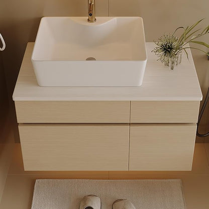 31.5" Floating Bathroom Vanity with Sink and Drawer, Soft Closing, Solid Wood Mid Century Modern Single Bathroom Vanity Cabinet with Storage, Wall Mounted (Natural Wood)