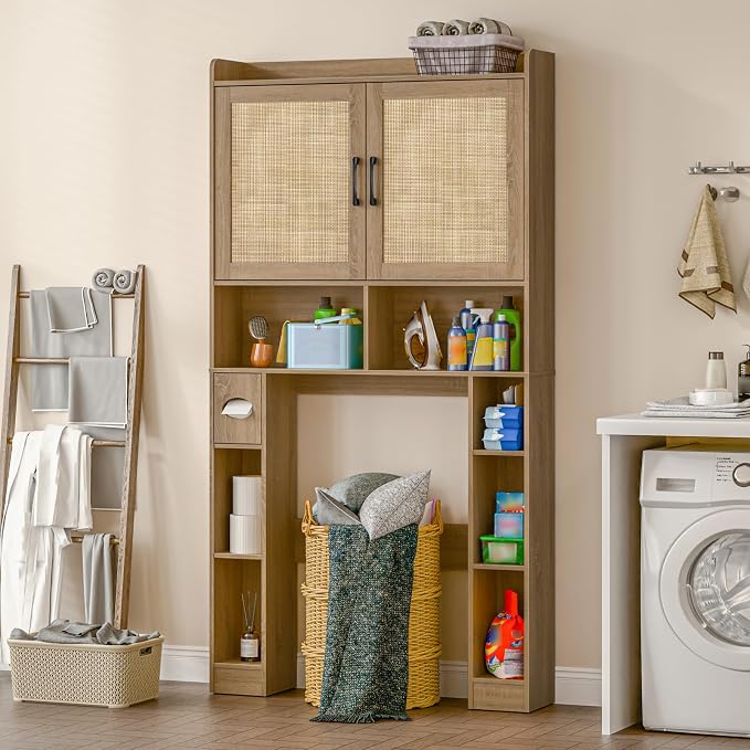 Vabches Over The Toilet Storage Cabinet with Barn Doors, Rattan Oak | Toilet Cabinet Rack, Space Saving Bathroom Organizer with Shelves, Toilet Paper Holder and Towel Rack for Bathroom,Laundry.