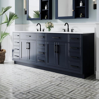 84-Inch Bathroom Vanity with Double Sinks W/ 4 Doors & 12 Drawers & 2 Flip Drawers, Navy Blue Vanity W/Matte Black Handles