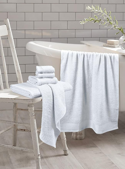 GLAMBURG 100% Cotton Ultra Soft 6 Pack Towel Set, Contains 2 Bath Towels 28x55 Inches, 2 Hand Towels 16x24 Inches & 2 Wash Coths 12x12 Inches, Compact Absorbent Lightweight & Quickdry - White