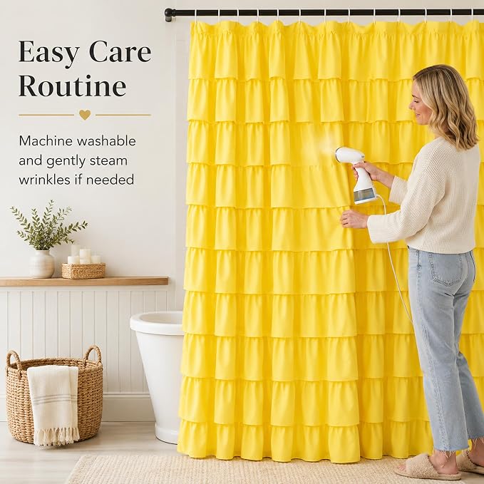 Yellow Shower Curtain for Bathroom, 72 x 84, Soft Ruffled Edge Detailing | Cascading Waterfall Ruffle Design, 72x84 inch, 7ft, 12 Hook Included, Machine Washable, Elegant Understated Farmhouse Style