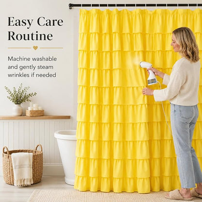 Yellow Shower Curtain for Bathroom, 72 x 84, Soft Ruffled Edge Detailing | Cascading Waterfall Ruffle Design, 72x84 inch, 7ft, 12 Hook Included, Machine Washable, Elegant Understated Farmhouse Style