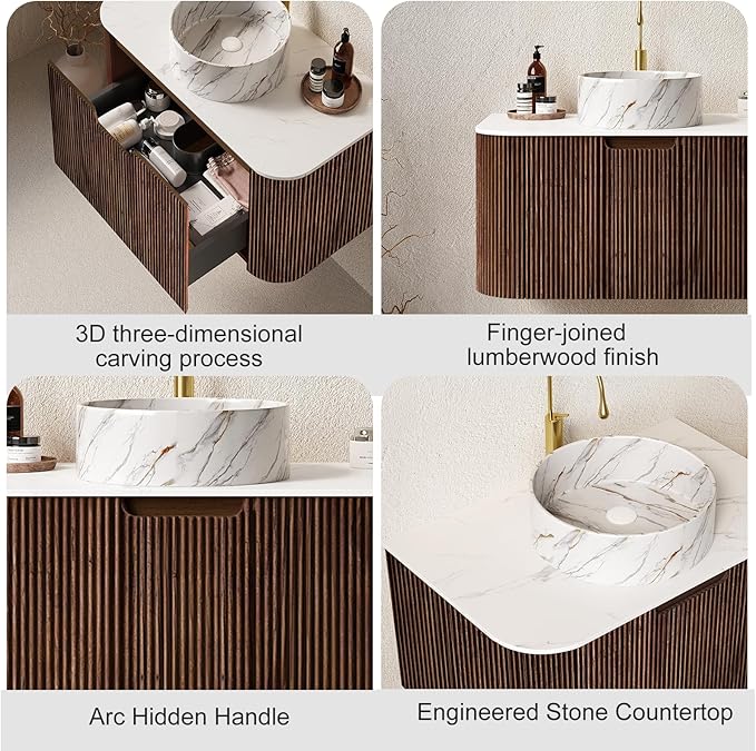 24" Floating Bathroom Vanity with Sink, Modern Wall-Mount Storage Cabinet with Ultra-Thin Ceramic Basin and Marble Top, Large Storage Drawer, Soft-Close Design, Pre-Assembled, Dark Walnut