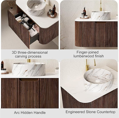 30" Floating Bathroom Vanity with Sink, Natural Solid Wood Modern Bathroom Vanities with Ultra-Thin Ceramic Basin and Marble Top, Soft-Close Drawer, Pre-Assembled, Dark Walnut