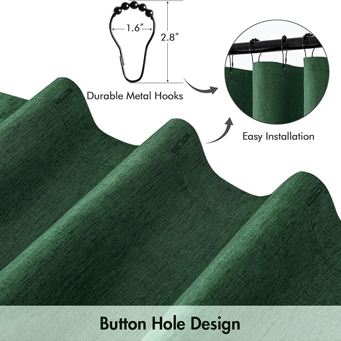 ANRODUO Dark Green Extra Long Linen Fabric Shower Curtain Set - W72xL108 | Farmhouse Shower Curtain with 12 Metal Hooks, Waterproof Heavy Duty, Button Hole Design, Machine Washable for Bathroom