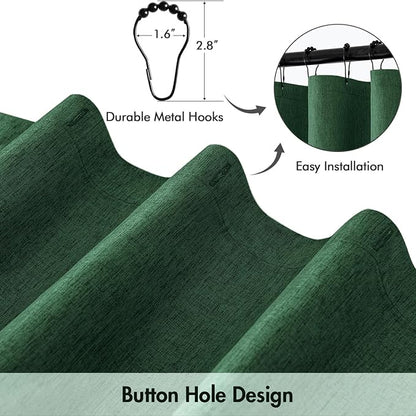 ANRODUO Dark Green Linen Textured Fabric Shower Curtain Set - W72xL72 | Farmhouse Shower Curtain with 12 Metal Hooks, Waterproof Heavy Duty, Button Hole Design, Machine Washable for Bathroom