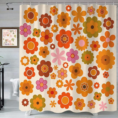 Retro Flowers Shower Curtain, Groovy Brown Orange Sun Flower Vintage 70s Fabric Shower Curtains Set for Bathroom Funky Hippie 1970 Boho Yellow Floral Decoration with Hooks 72 X 72 inch Bath Decor