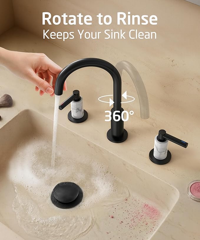 KES Natural Italian Carrara Marble Matte Black Bathroom Faucet 3 Hole with All Metal Pop Up Sink Drain, 8 Inch Widespread Bathroom Sink Faucet for Vanity, 360° Swivel Spout, 18/8 Stainless Steel