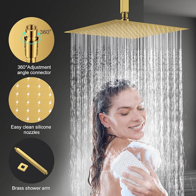 JOMEOO® 12 Inch Brushed Gold Shower System, Ceiling Mounted High Pressure Rain Shower Head with Handheld Sprayer, Bathroom Luxury Gold Shower Head Shower Faucet Set Rough in Valve Body and Trim